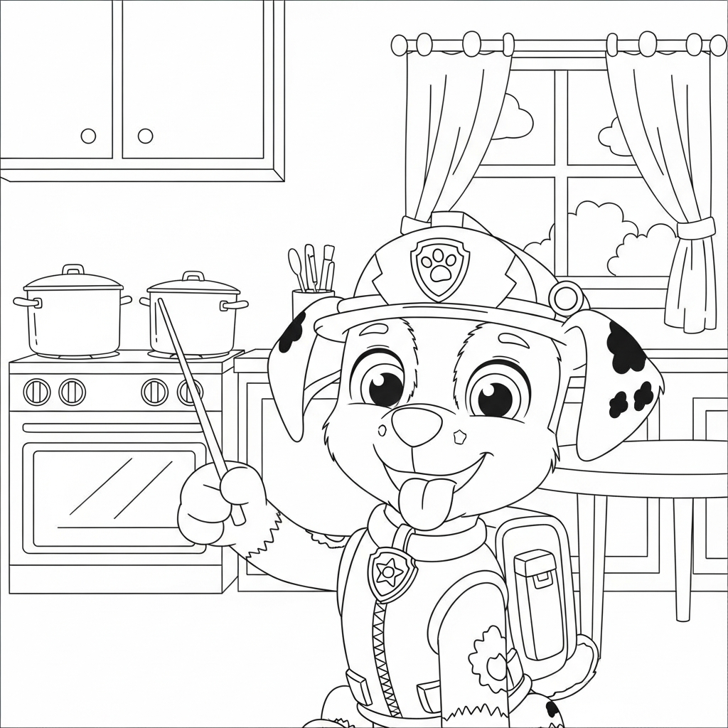Desenho de patrulha canina para colorir regendo orquestra com batuta na cozinha.