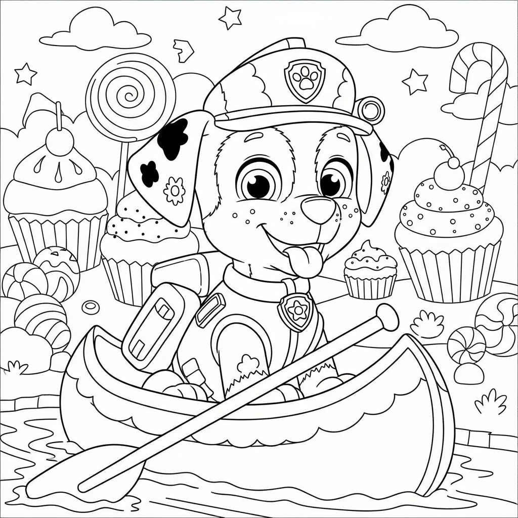 Desenho de Patrulha Canina para colorir remando em canoa no rio da terra dos doces