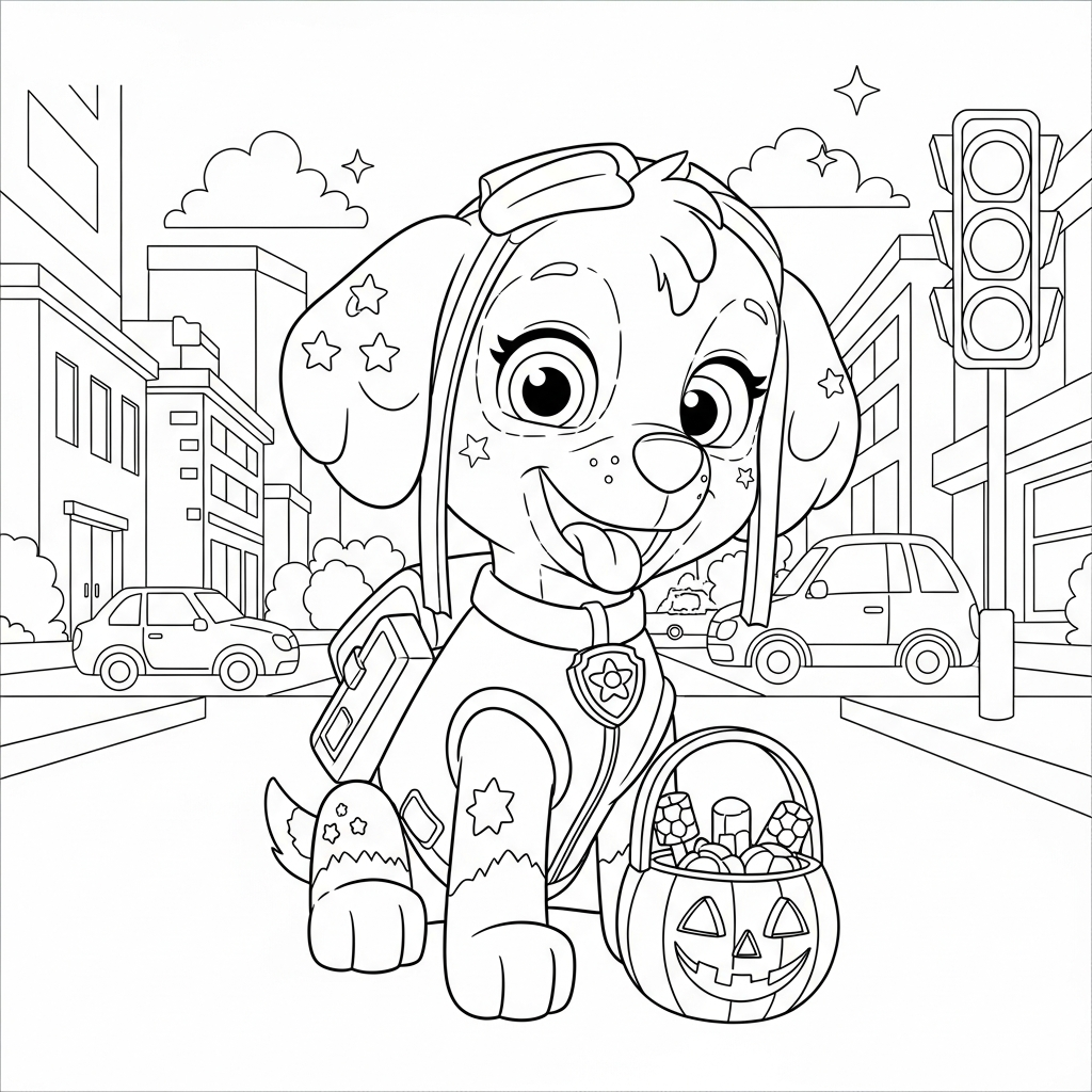 Desenho de patrulha canina para colorir trocando guloseima de Halloween com cesta na rua da cidade