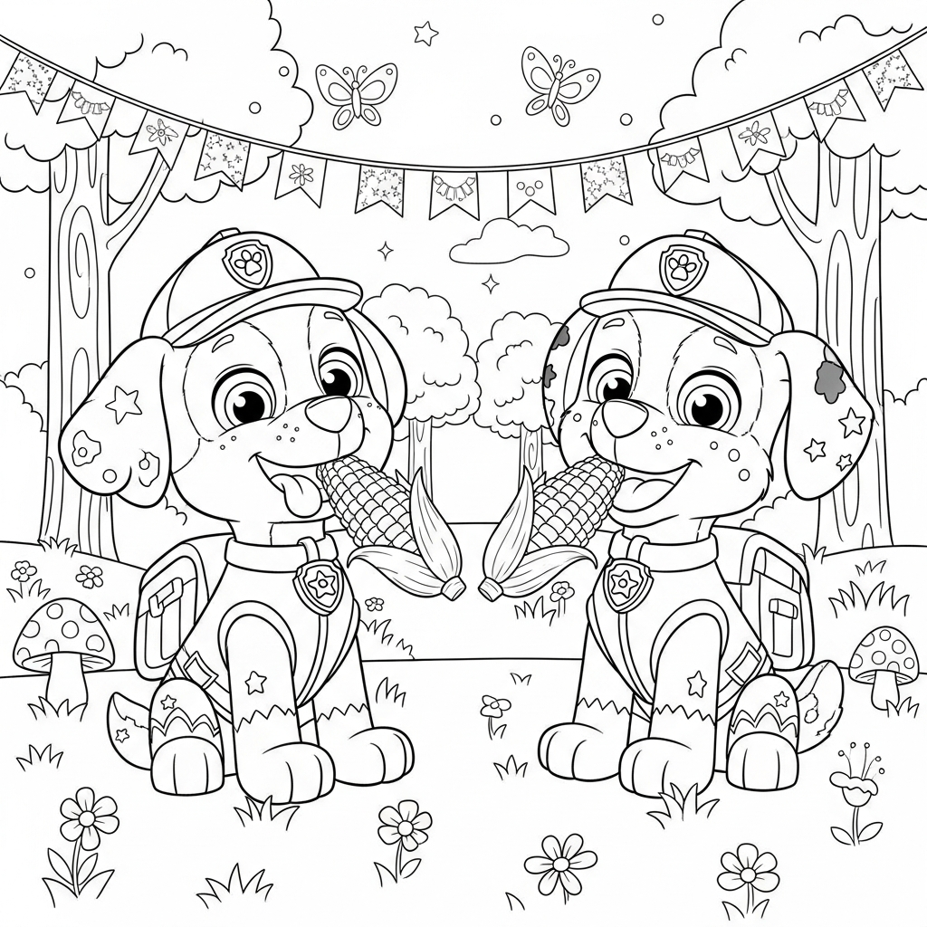 Desenho de patrulha canina para colorir comendo milho em floresta com cogumelos e borboletas
