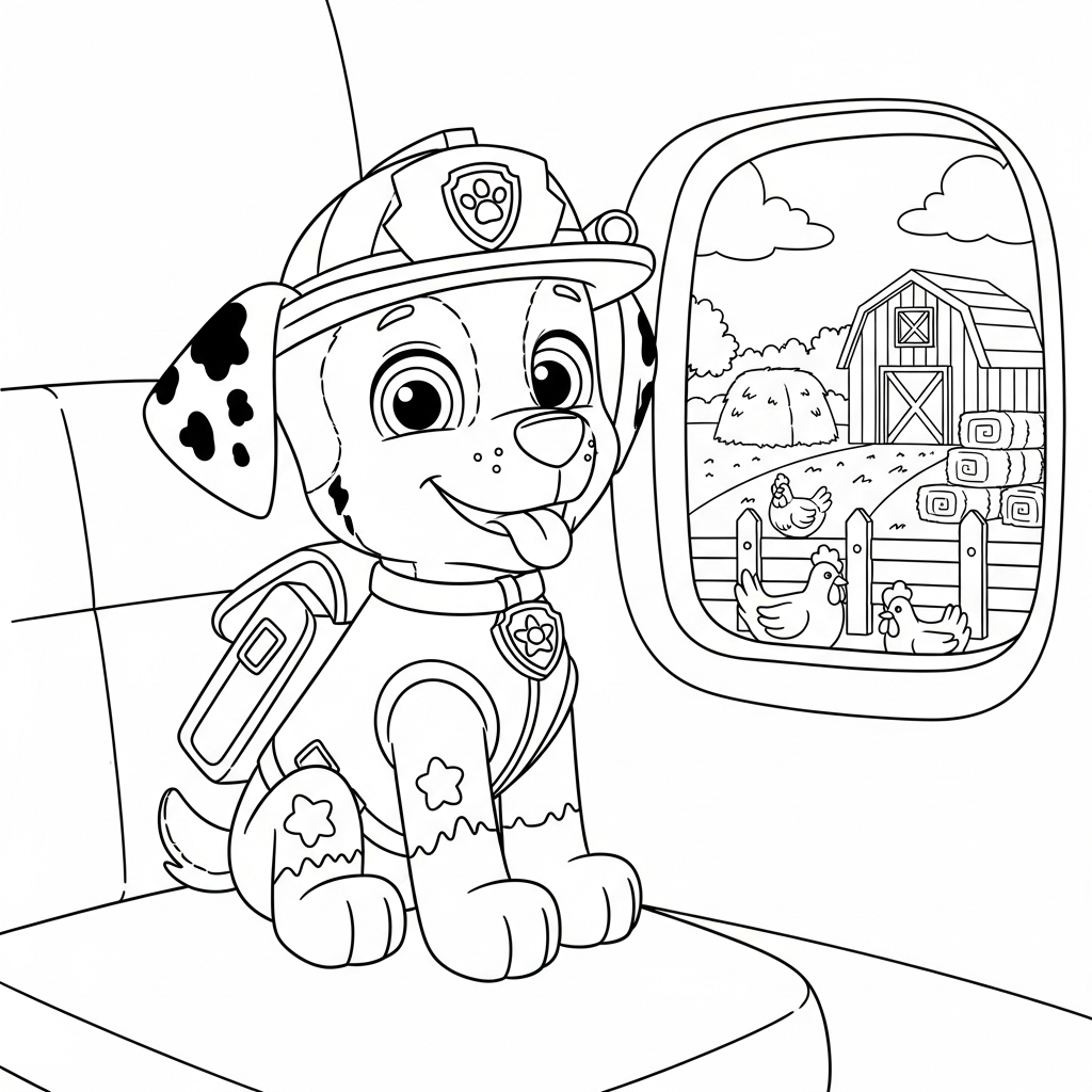 Desenho de patrulha canina para colorir dentro de avião com janela, sobre fazenda com celeiro.
