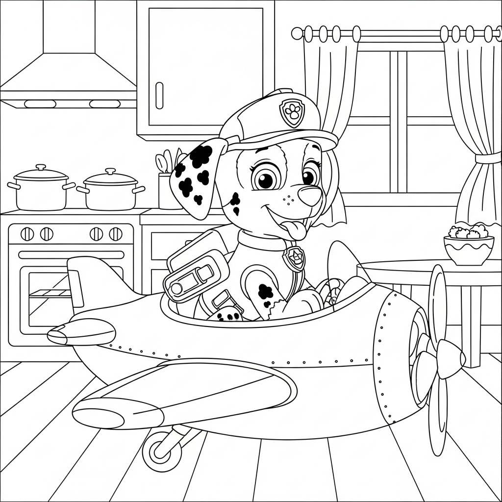 Desenho de patrulha canina para colorir pilotando avião pequeno na cozinha com forno e panelas