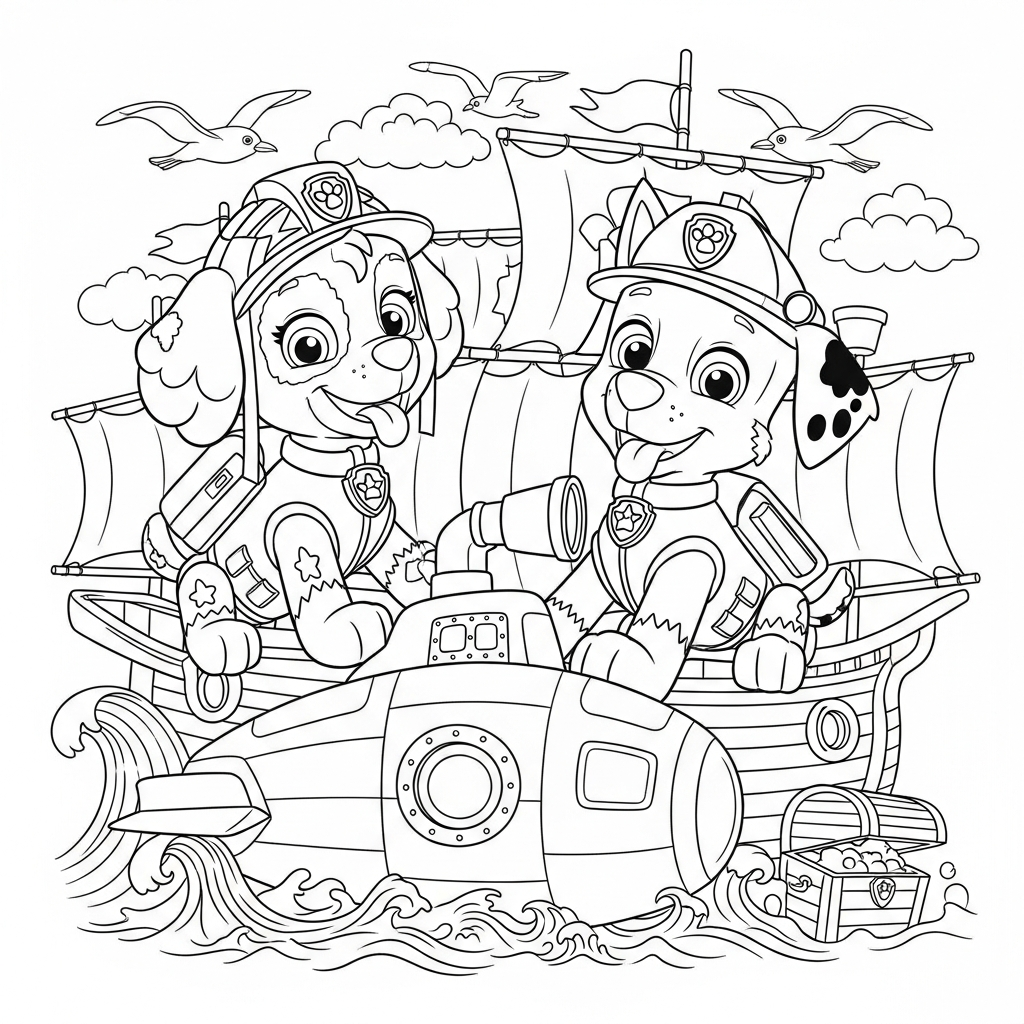 Desenho de patrulha canina para colorir dirigindo submarino com periscópio perto de navio pirata.