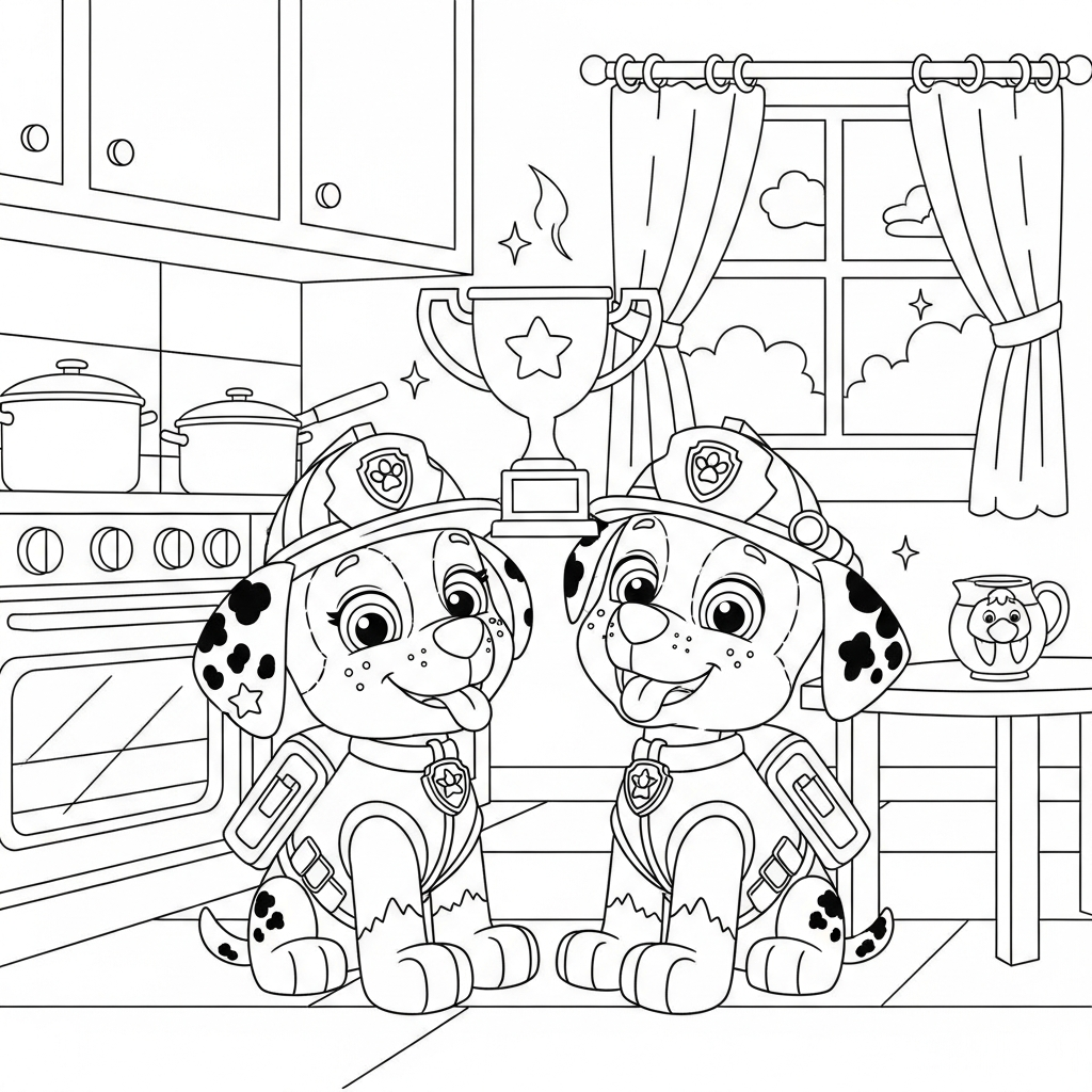 Desenho de patrulha canina para colorir segurando troféu acima da cabeça na cozinha.