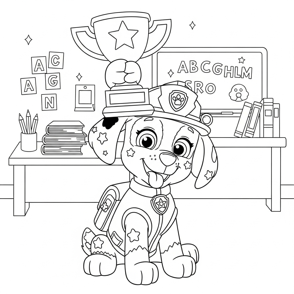 Desenho de patrulha canina para colorir segurando troféu acima da cabeça na sala de aula com lousa