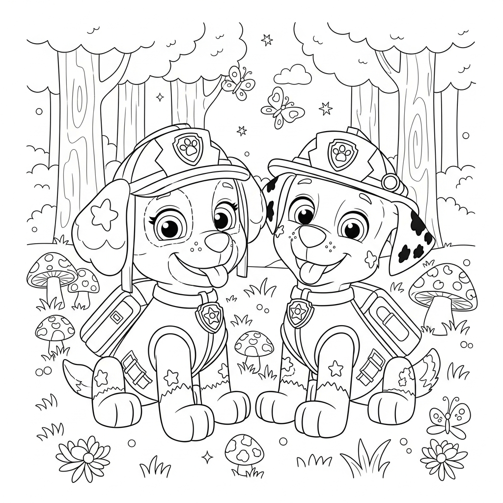 Desenho de patrulha canina para colorir segurando medalha na floresta com cogumelos e borboletas