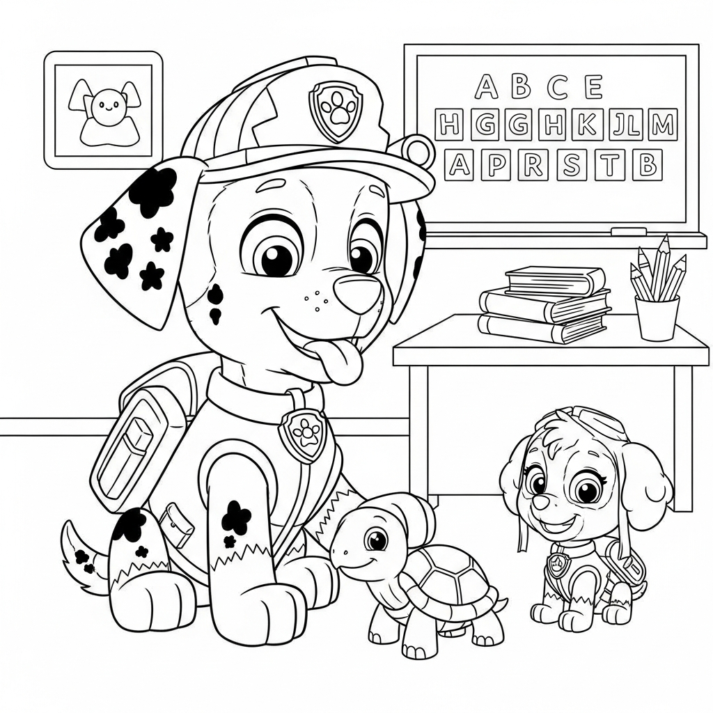 Desenho de patrulha canina para colorir brincando com tartaruga no chão da sala de aula.
