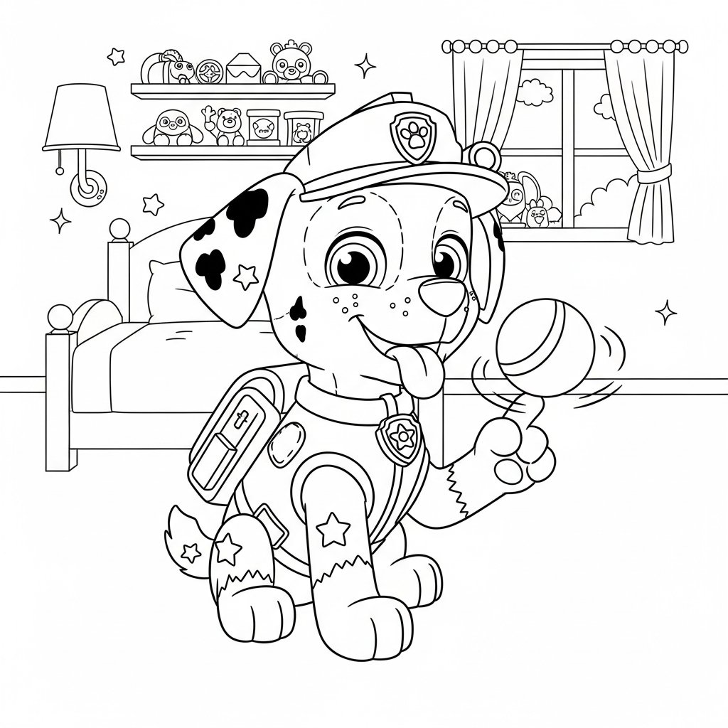 Desenho de patrulha canina para colorir girando uma bola no quarto com cama e brinquedos.