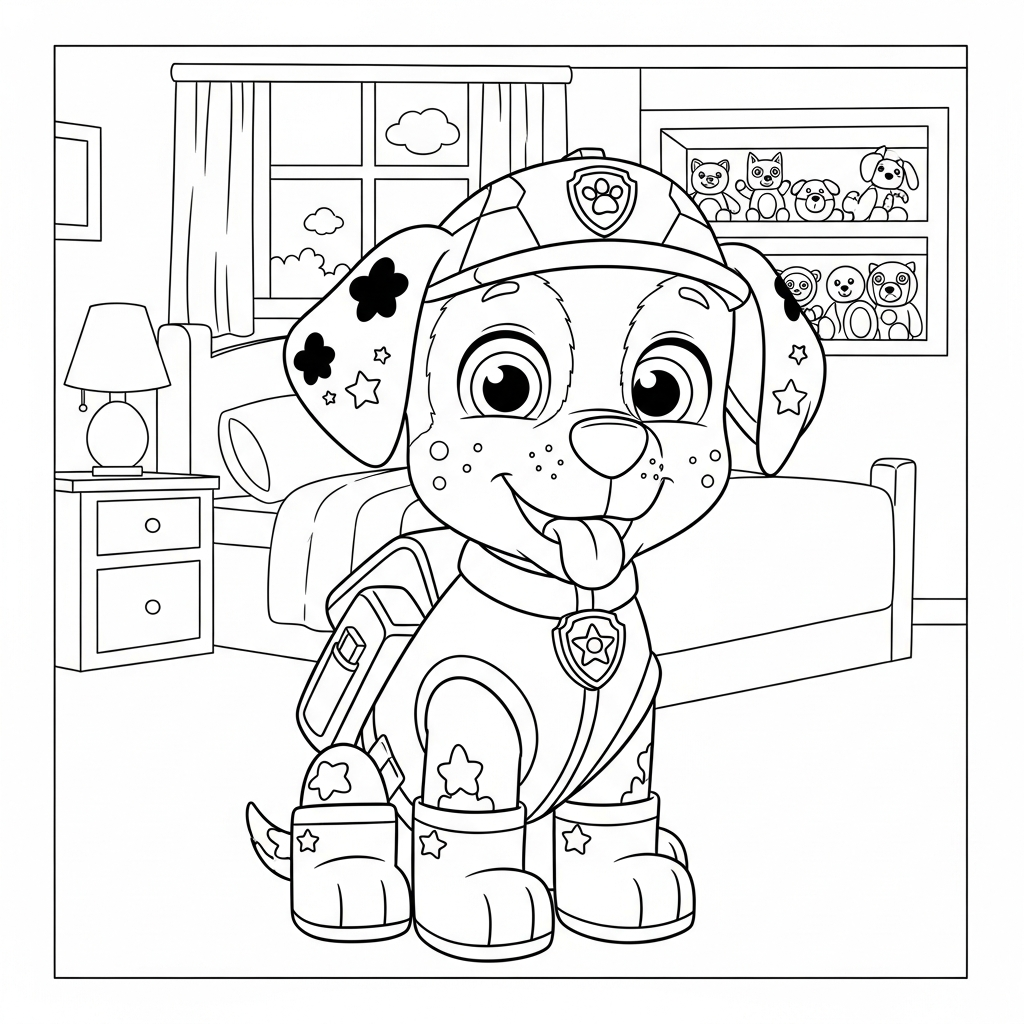 Desenho de patrulha canina para colorir usando capa amarela e botinha no quarto.
