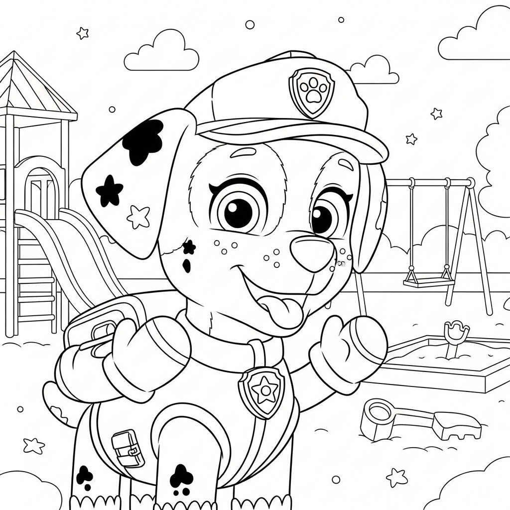 Desenho de patrulha canina para colorir em traje de inverno com luvas grossas no playground.