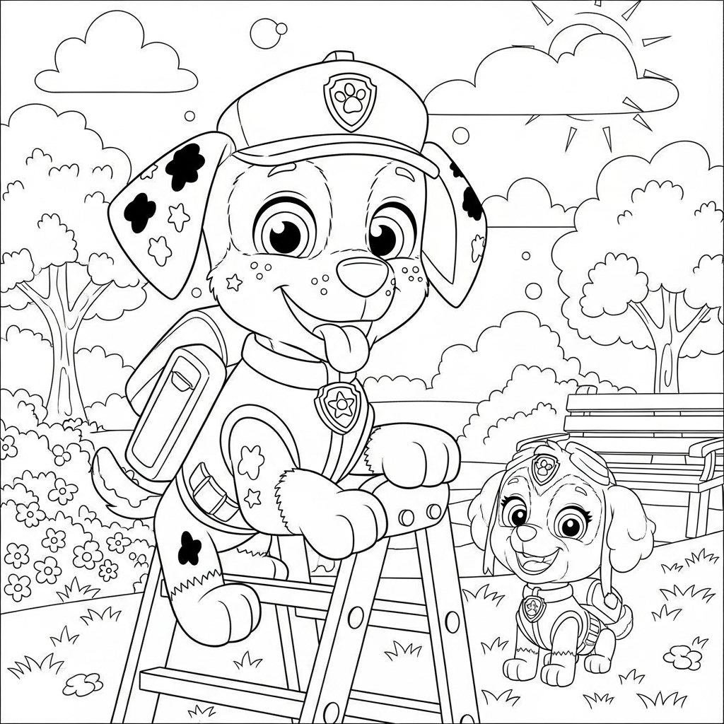 Desenho de patrulha canina para colorir subindo em escada de mão no parque ensolarado.