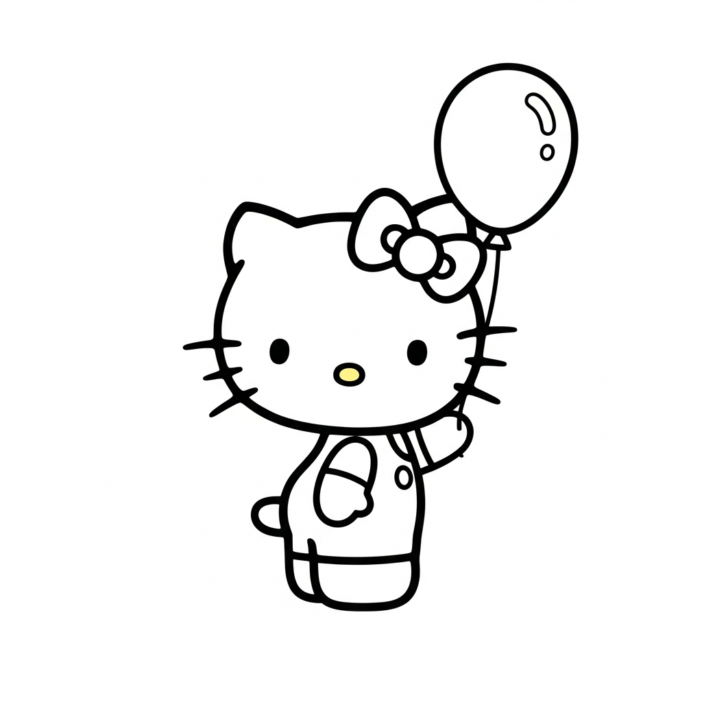 Desenho de Hello Kitty para colorir segurando um balão alegremente