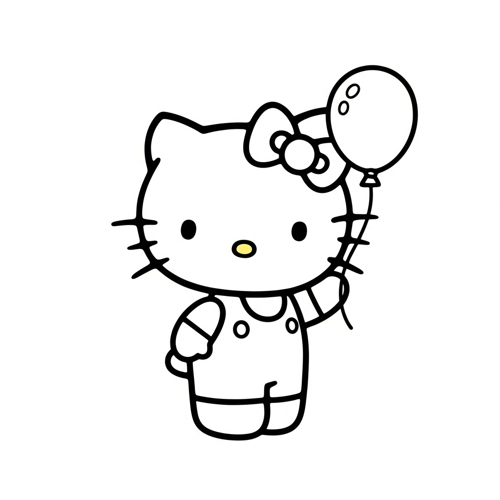 Desenho de Hello Kitty para colorir segurando um balão ao lado de uma flor.