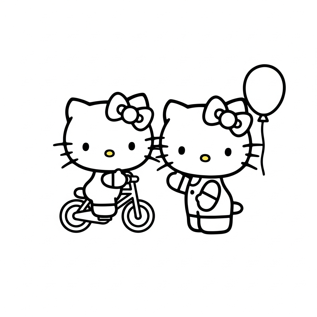 Desenho de hello kitty para colorir andando de bicicleta pequena ao lado de flor