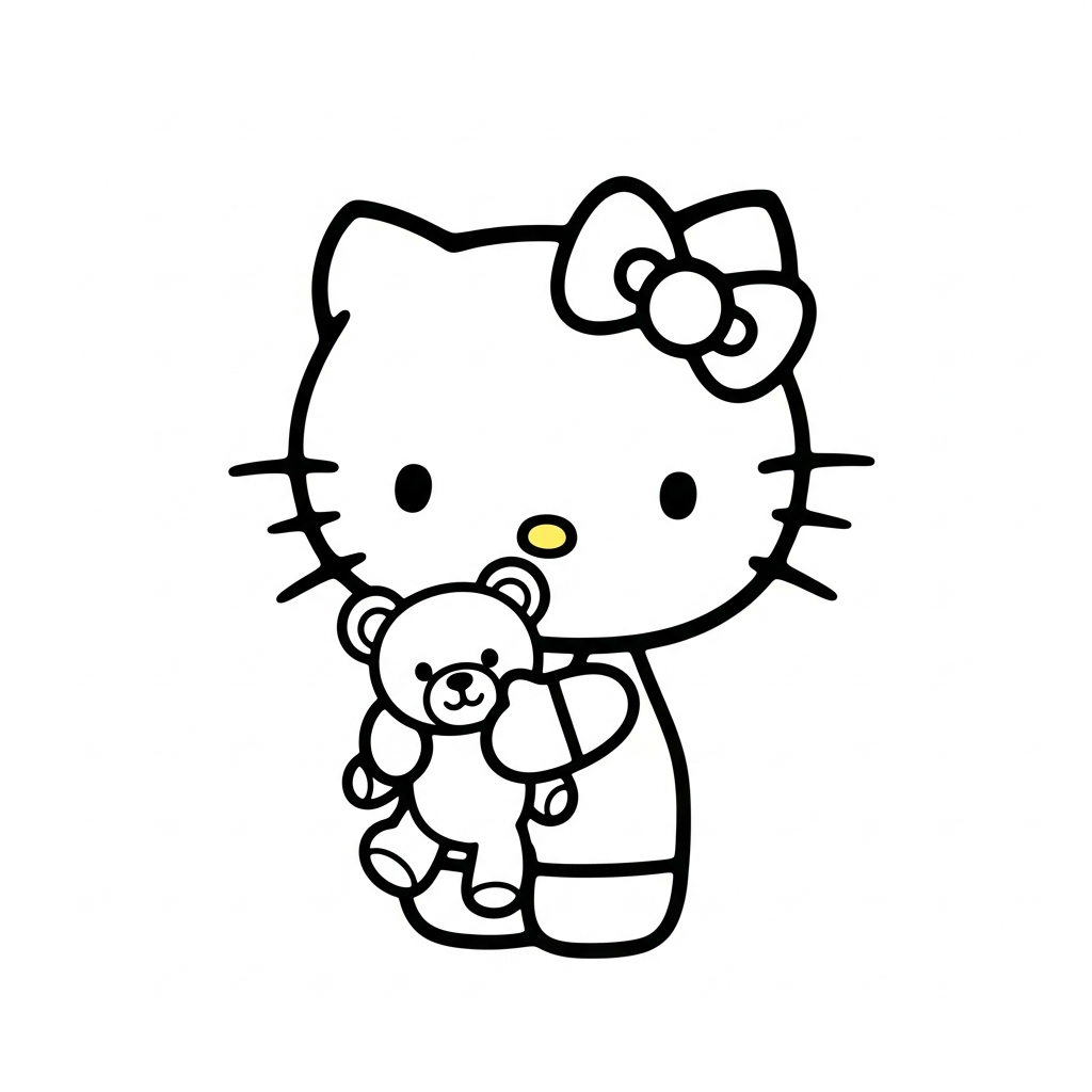Desenho de Hello Kitty para colorir abraçando um ursinho de pelúcia fofo