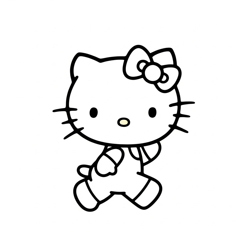 Desenho de Hello Kitty para colorir correndo alegremente com expressão divertida