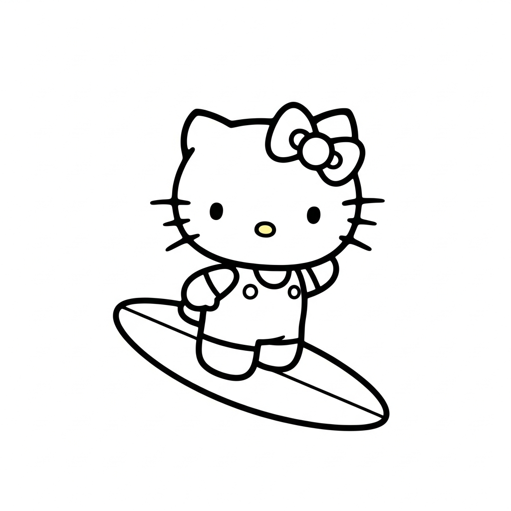 Desenho de Hello Kitty para colorir surfando em uma onda alegre