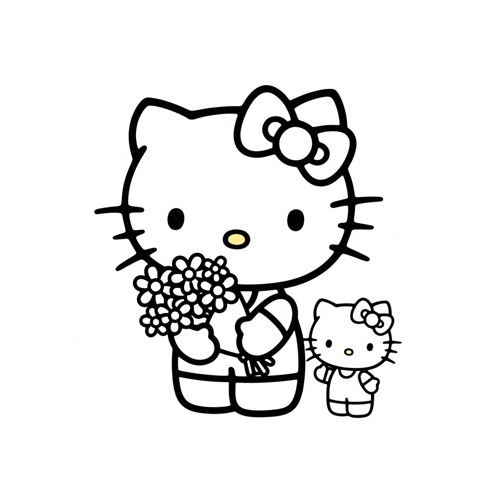 Desenho de Hello Kitty para colorir segurando um buquê de flores