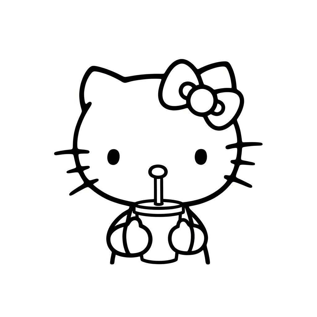Desenho de Hello Kitty para colorir bebendo em copo com canudo