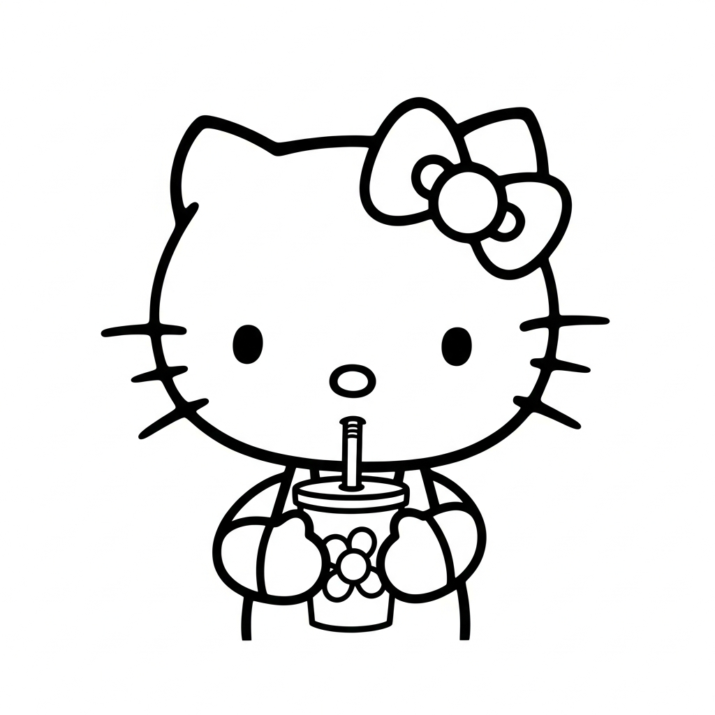 Desenho de Hello Kitty para colorir bebendo em copo com canudo, com estrela pequena.