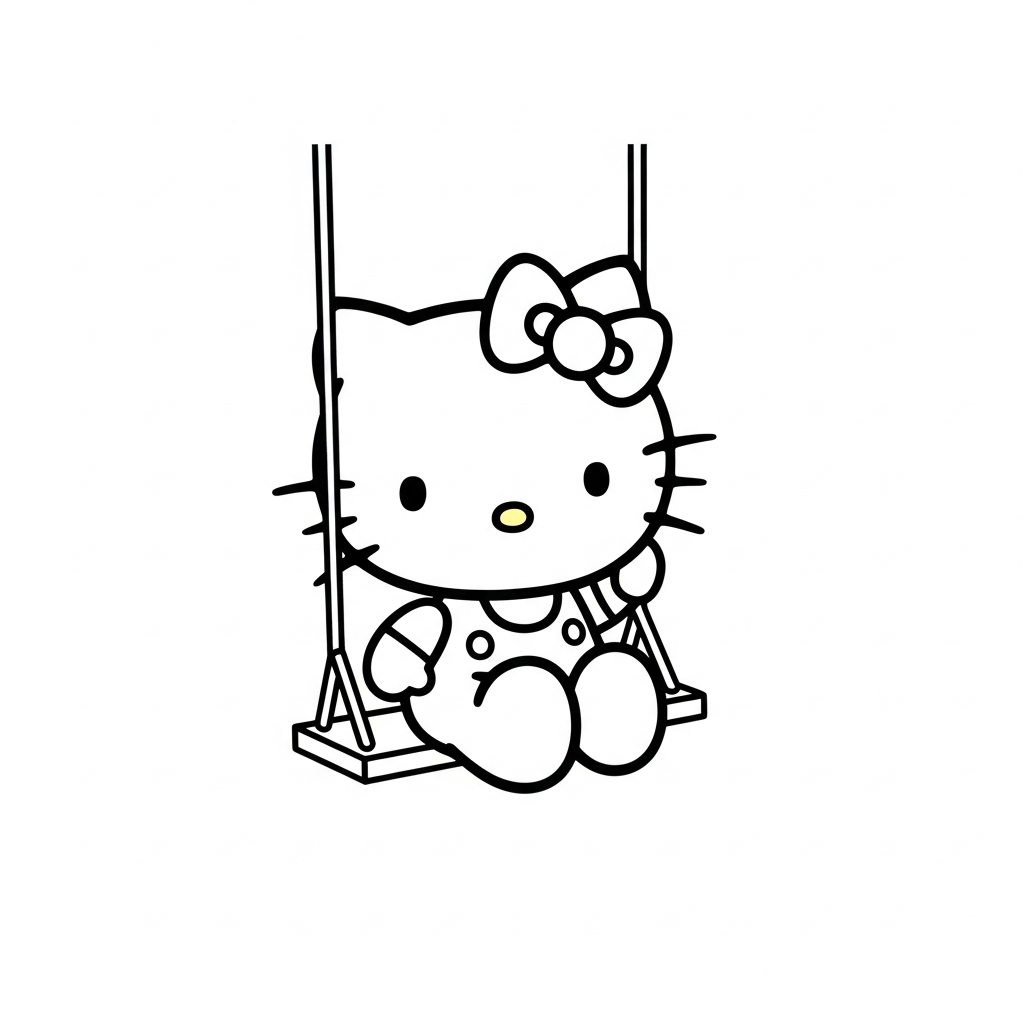 Desenho de Hello Kitty para colorir sentado em balanço com uma flor pequena