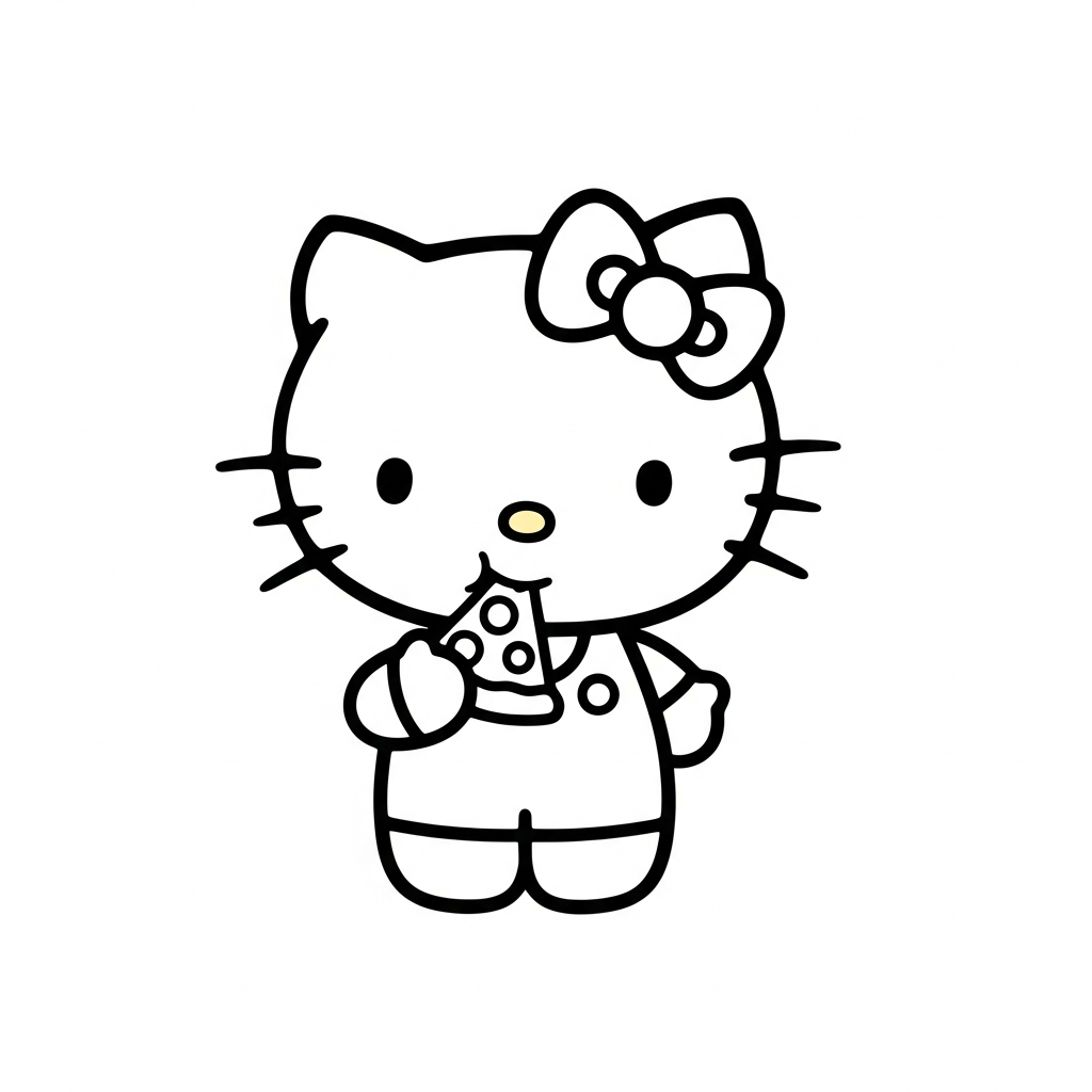 Desenho de Hello Kitty para colorir comendo uma fatia de pizza