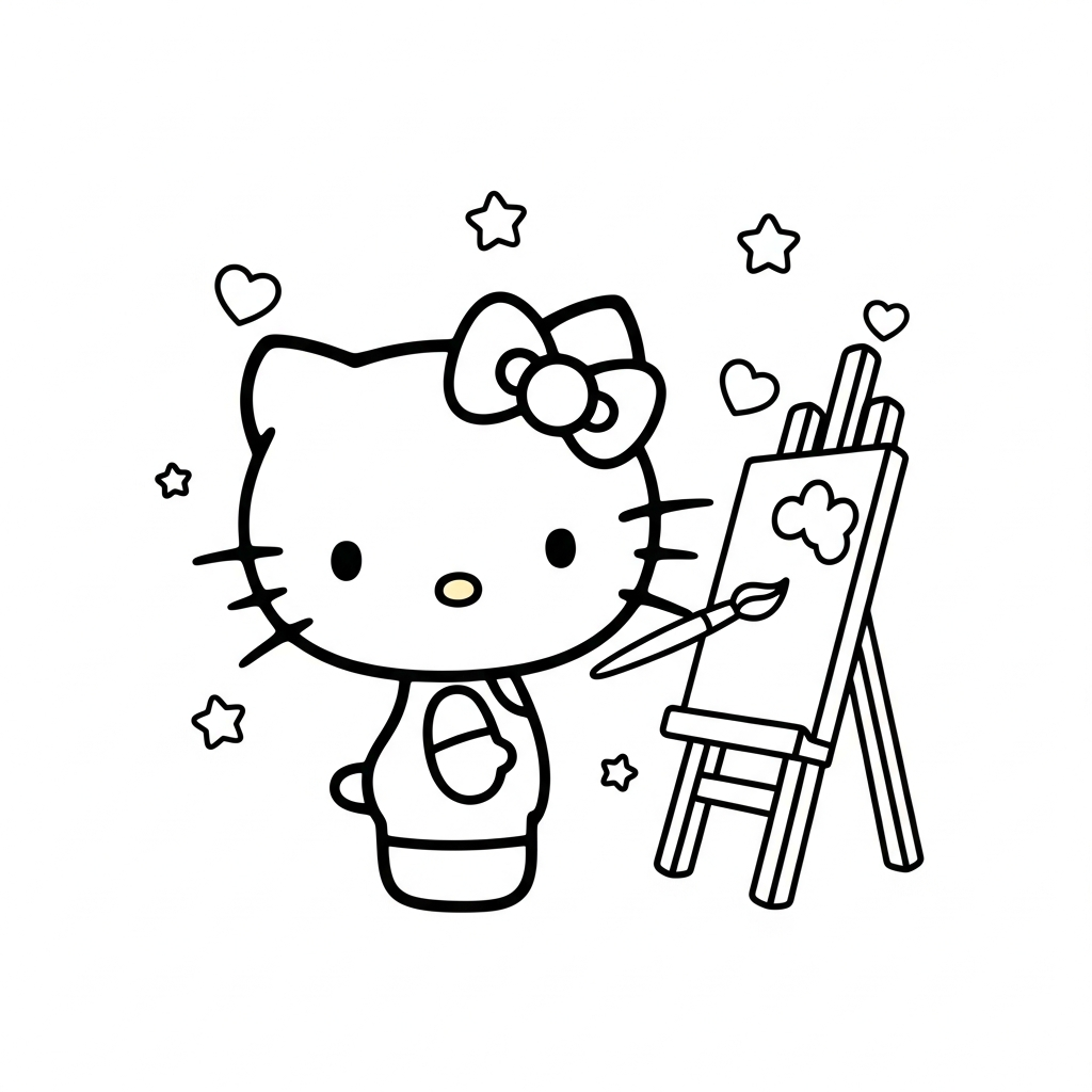 Desenho de Hello Kitty para colorir pintando em cavalete com estrelinhas e corações.