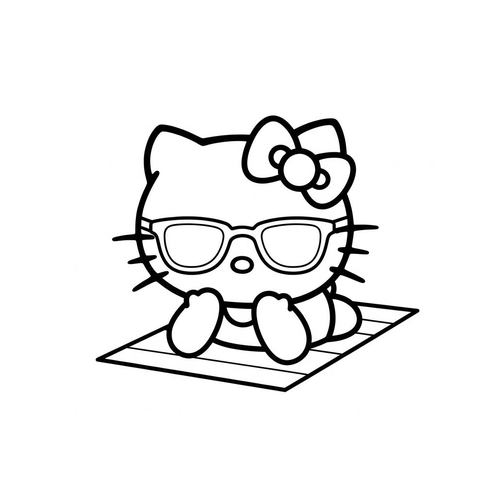 Desenho de Hello Kitty para colorir usando óculos de sol na praia