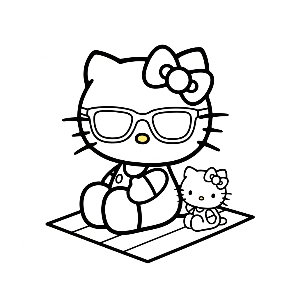 Desenho de Hello Kitty para colorir usando óculos de sol na praia