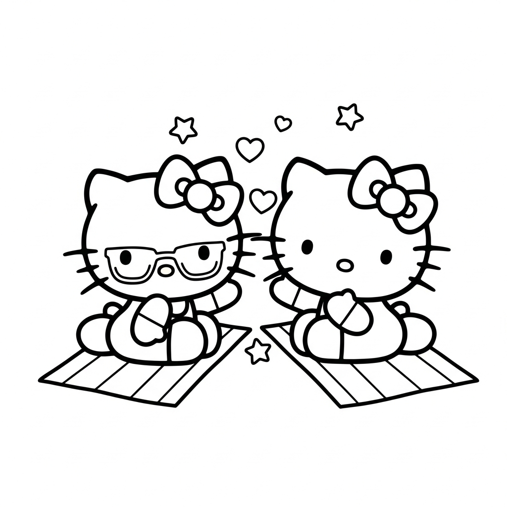 Desenho de Hello Kitty para colorir usando óculos de sol na praia com estrelinhas.