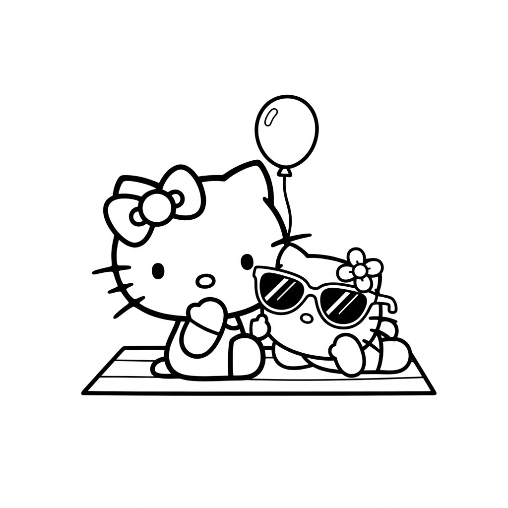 Desenho de hello kitty para colorir usando óculos de sol na praia com concha