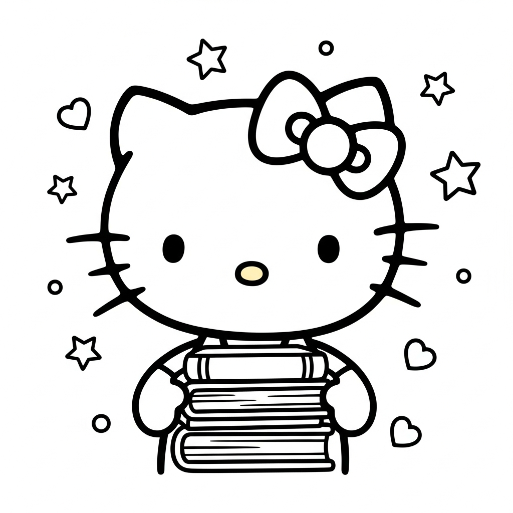 Desenho de Hello Kitty para colorir carregando pilha de livros entre estrelinhas e corações