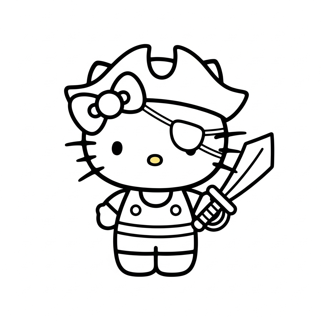 Desenho de Hello Kitty para colorir usando chapéu de pirata e tapa-olho