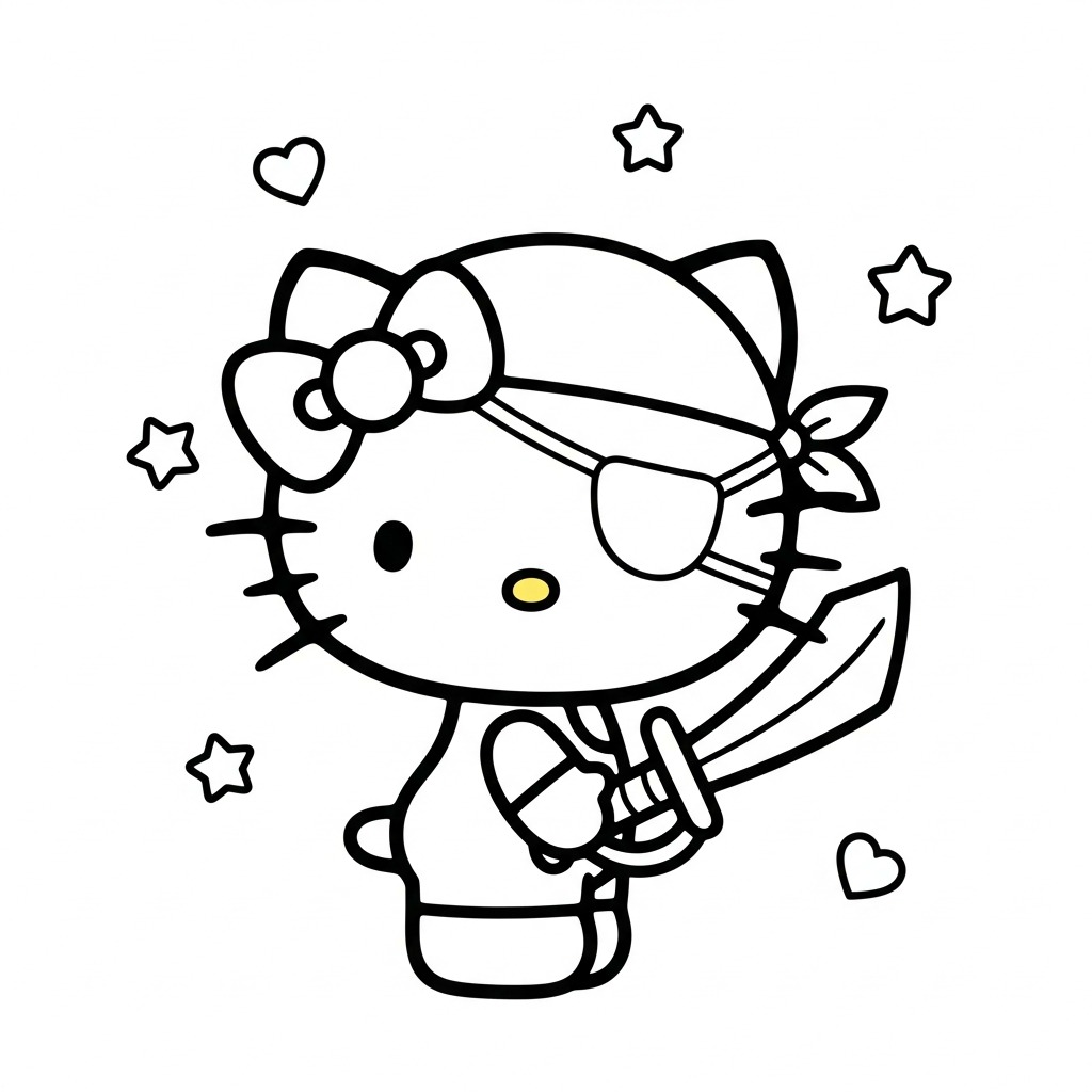 Desenho de Hello Kitty para colorir usando chapéu pirata, tapa-olho, estrelinhas e corações.