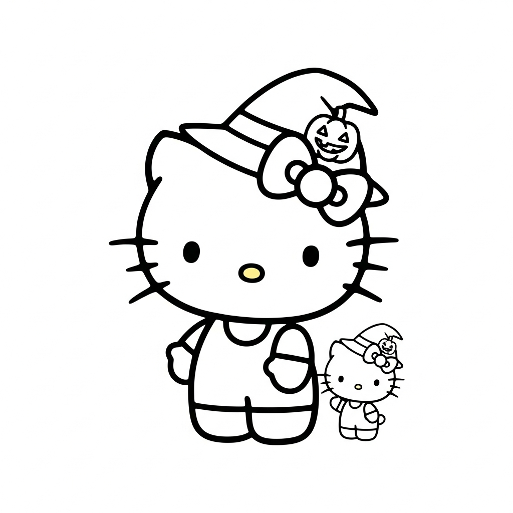 Desenho de Hello Kitty para colorir usando chapéu de bruxa de Halloween