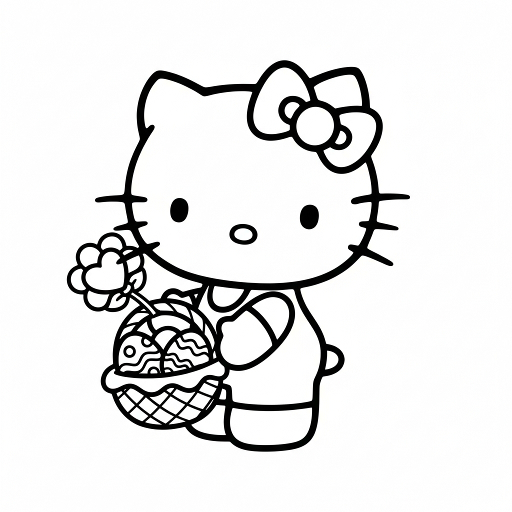 Desenho de Hello Kitty para colorir segurando cesta de Páscoa com ovos e flor.