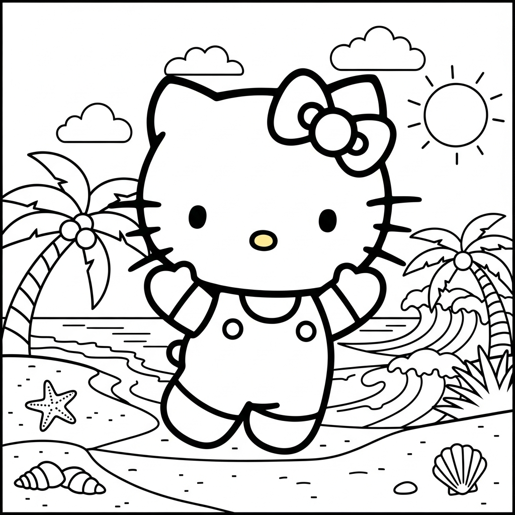 Desenho de Hello Kitty para colorir pulando na praia com palmeiras.