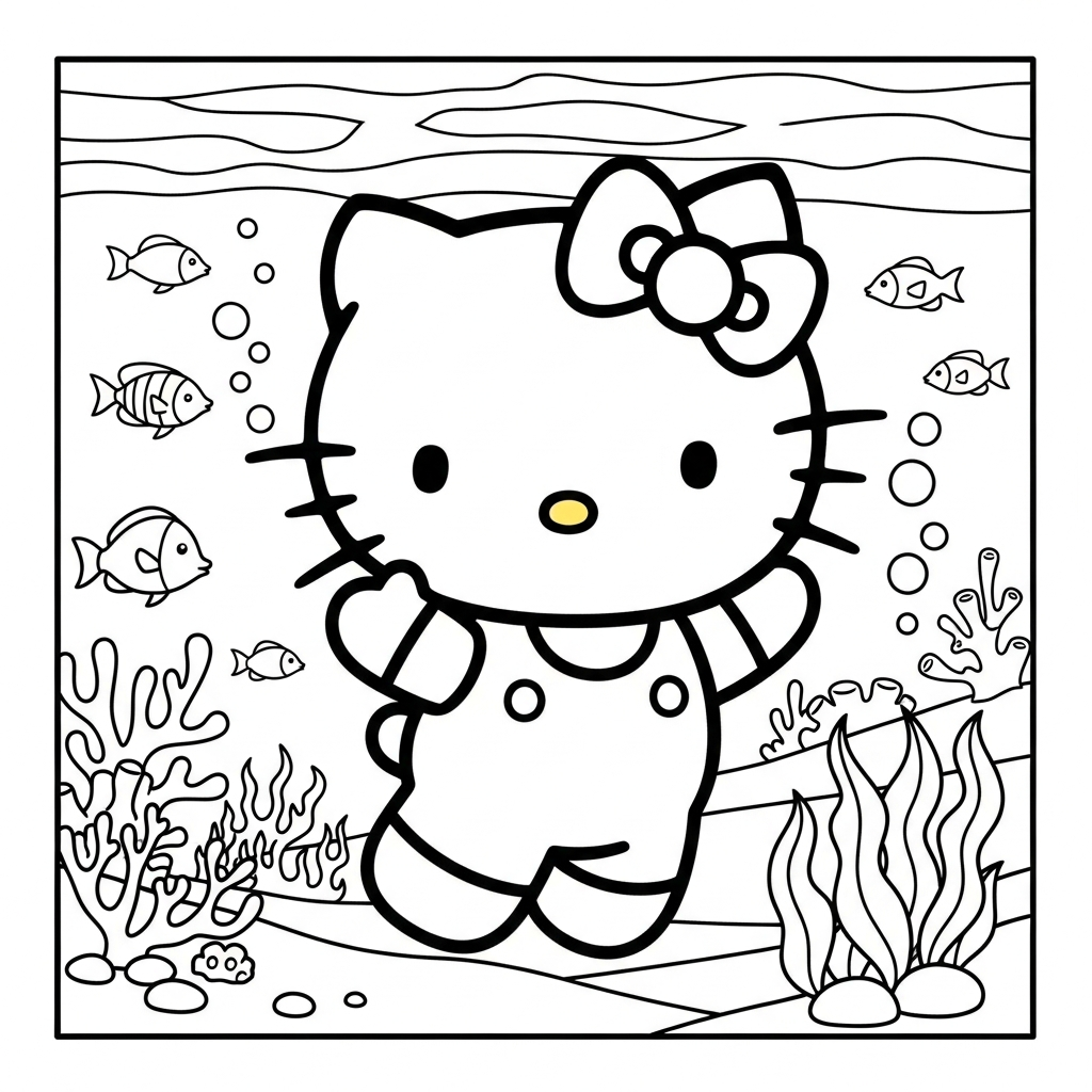 Desenho de Hello Kitty para colorir pulando com braços levantados entre peixes e corais.