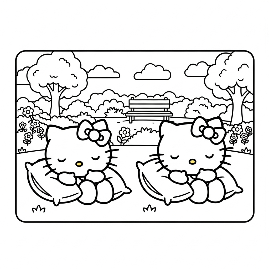 Desenho de Hello Kitty para colorir dormindo com travesseiro em parque ensolarado.