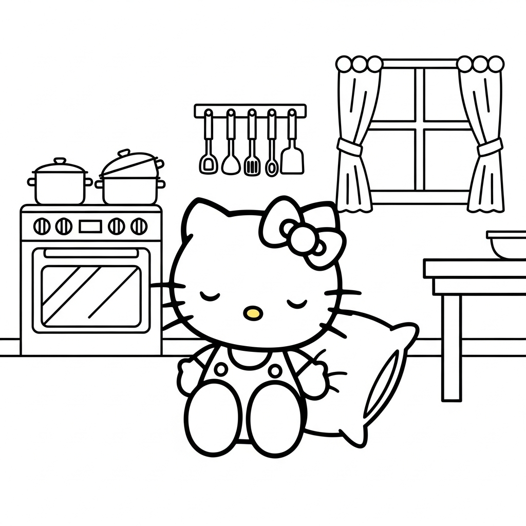 Desenho de Hello Kitty para colorir dormindo com travesseiro na cozinha com forno e panelas
