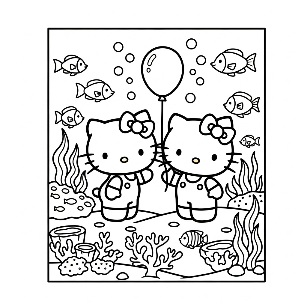 Desenho de Hello Kitty para colorir segurando um balão no fundo do mar com peixes e corais.