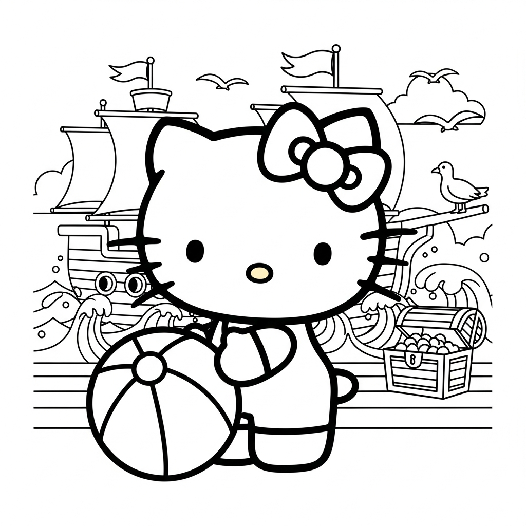 Desenho de Hello Kitty para colorir brincando com bola de praia em navio pirata.