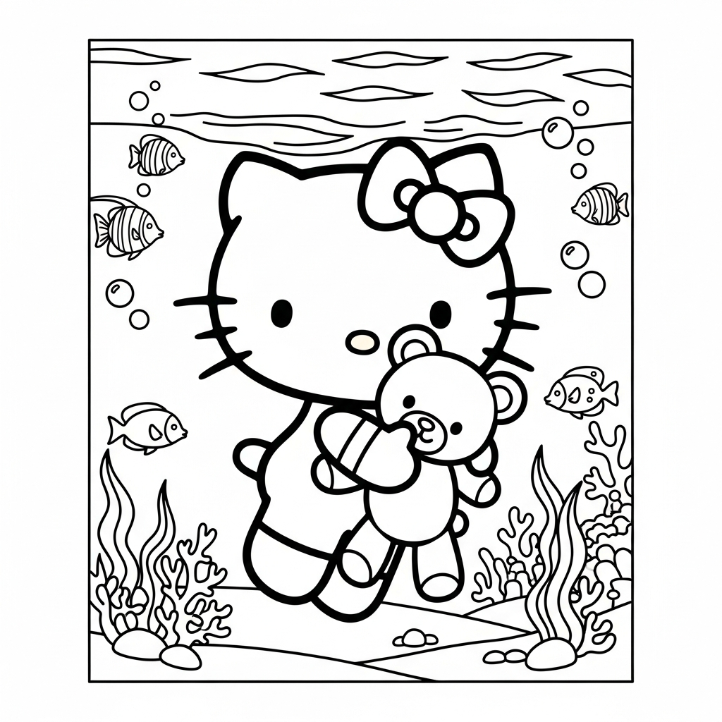 Desenho de Hello Kitty para colorir abraçando ursinho no fundo do mar com corais