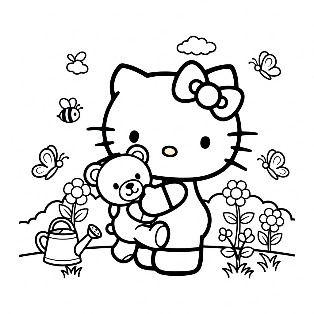 Desenho de Hello Kitty para colorir abraçando ursinho em jardim com flores e abelhas.