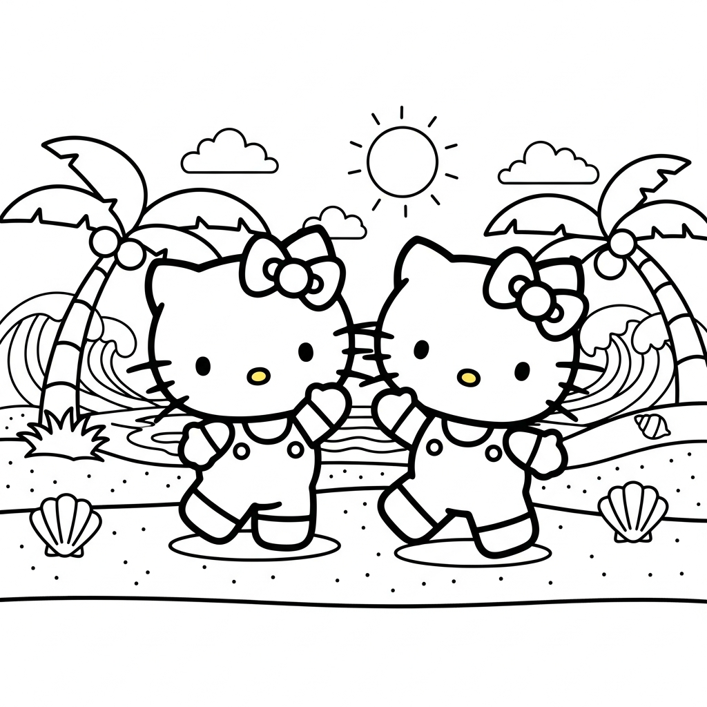 Desenho de Hello Kitty para colorir dançando com braços levantados na praia com palmeiras.