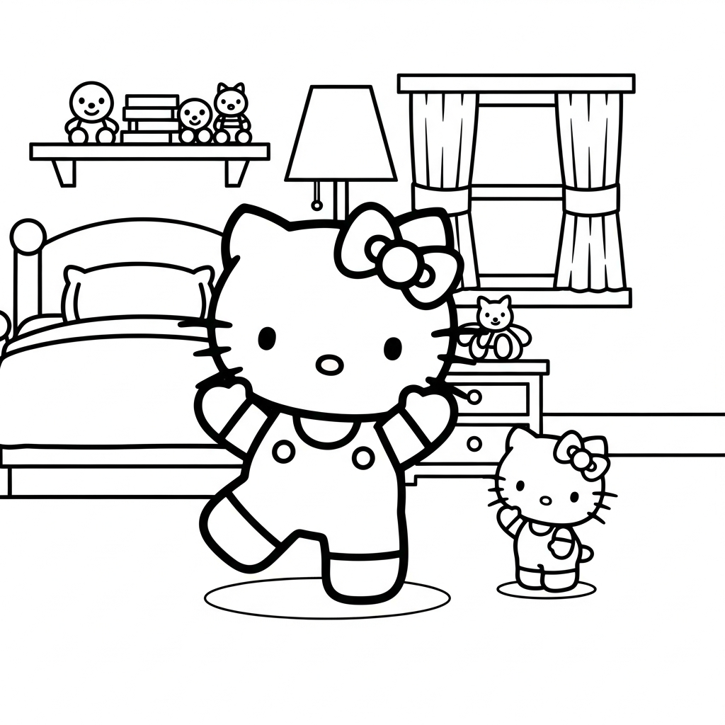 Desenho de Hello Kitty para colorir dançando com braços para cima no quarto.