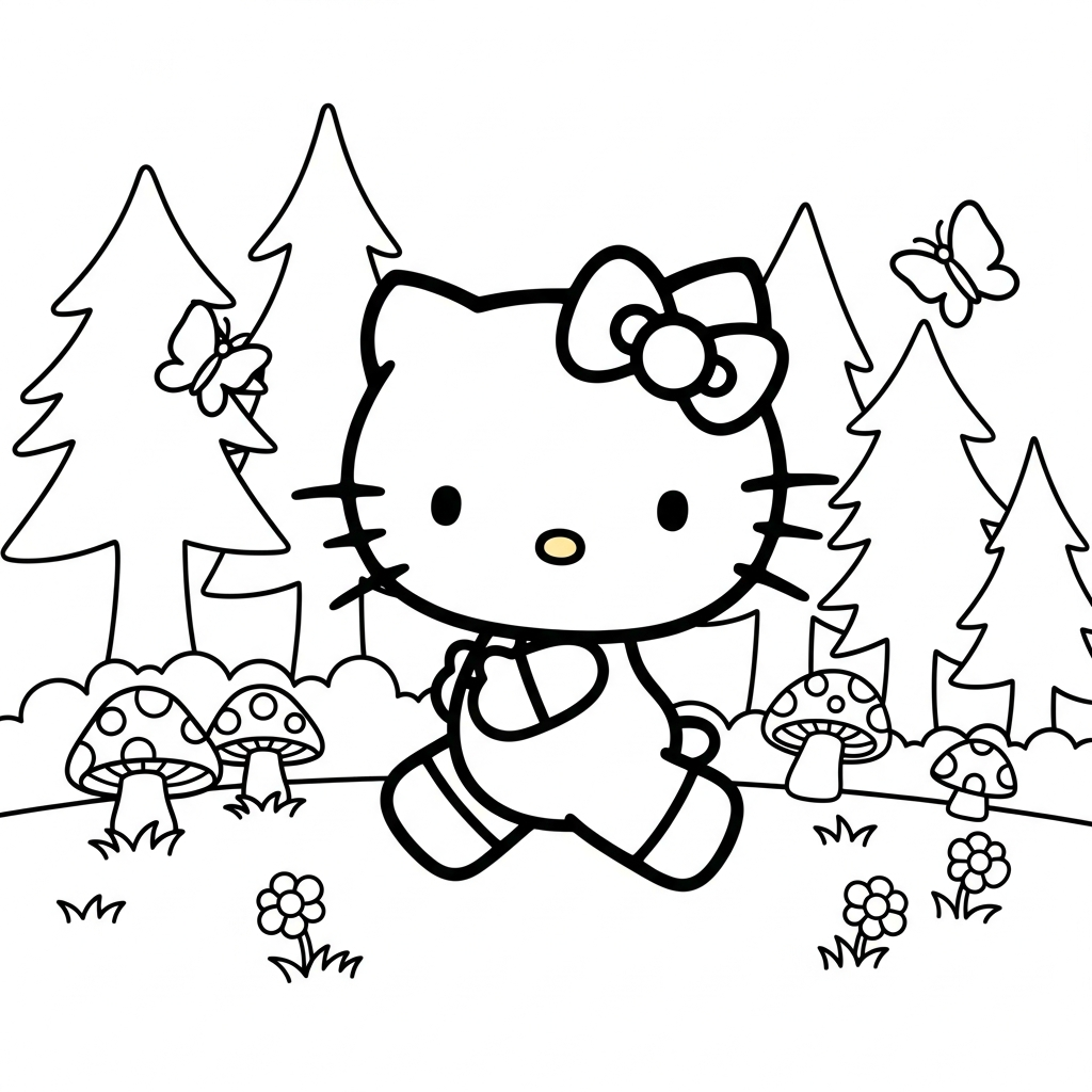 Desenho de Hello Kitty para colorir correndo alegremente na floresta com cogumelos e borboletas