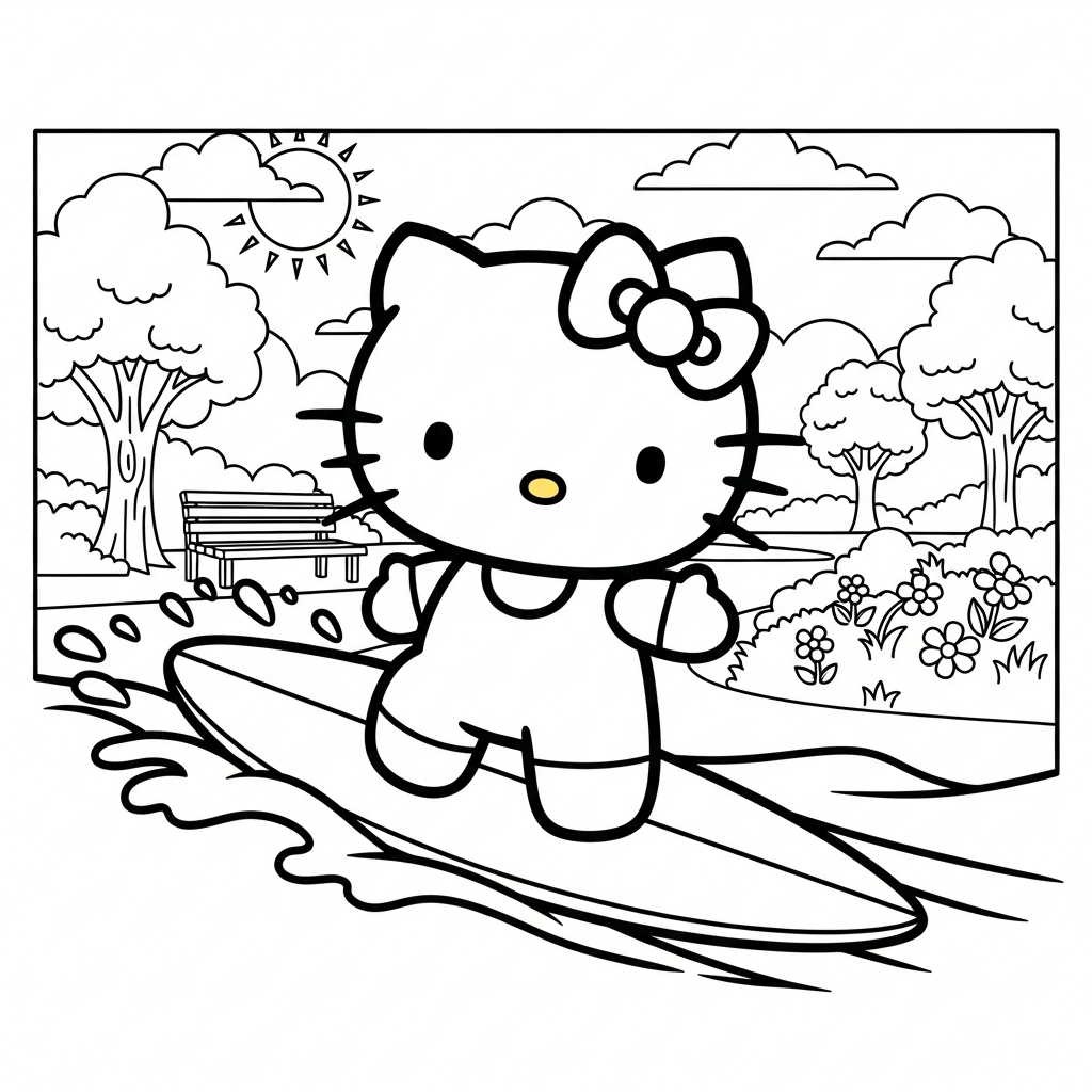 Desenho de hello kitty para colorir surfando em uma onda no parque ensolarado com árvores.