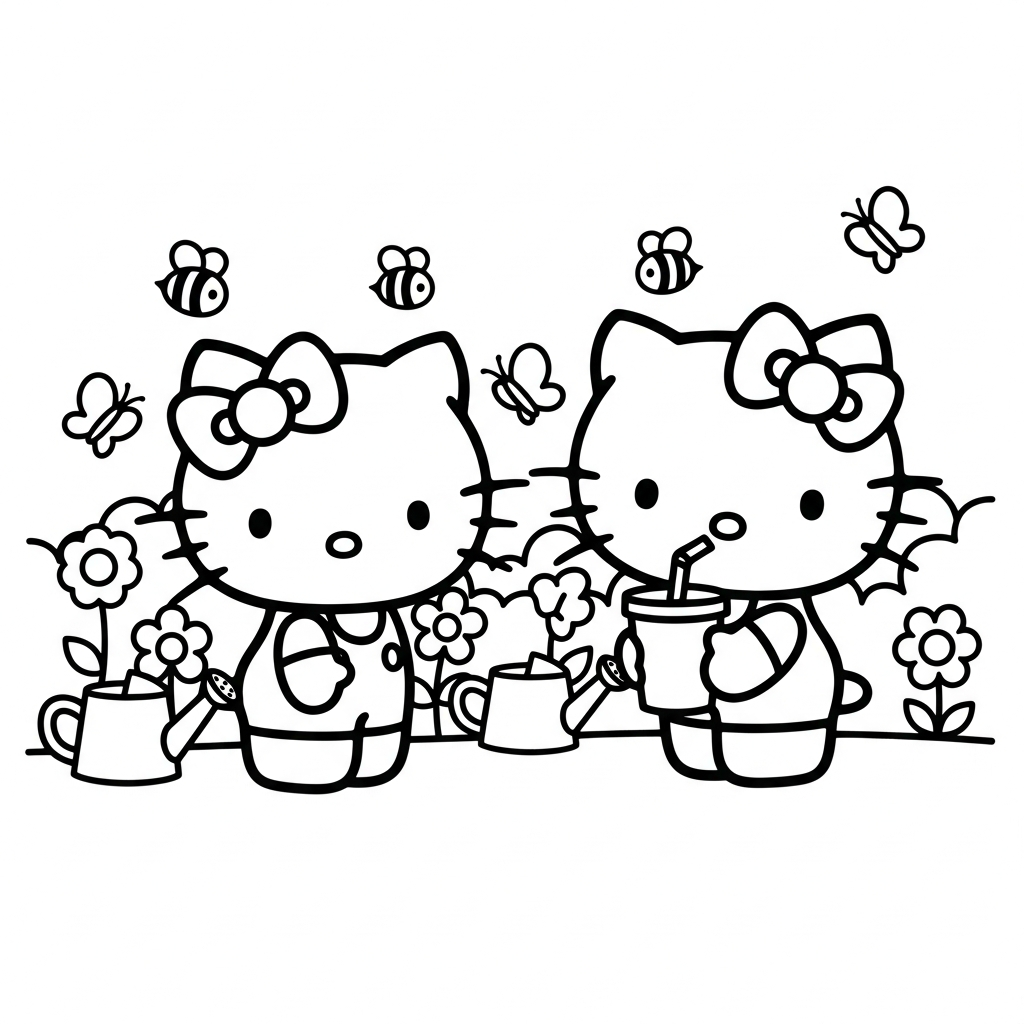 Desenho de Hello Kitty para colorir bebendo em copo com canudo no jardim.