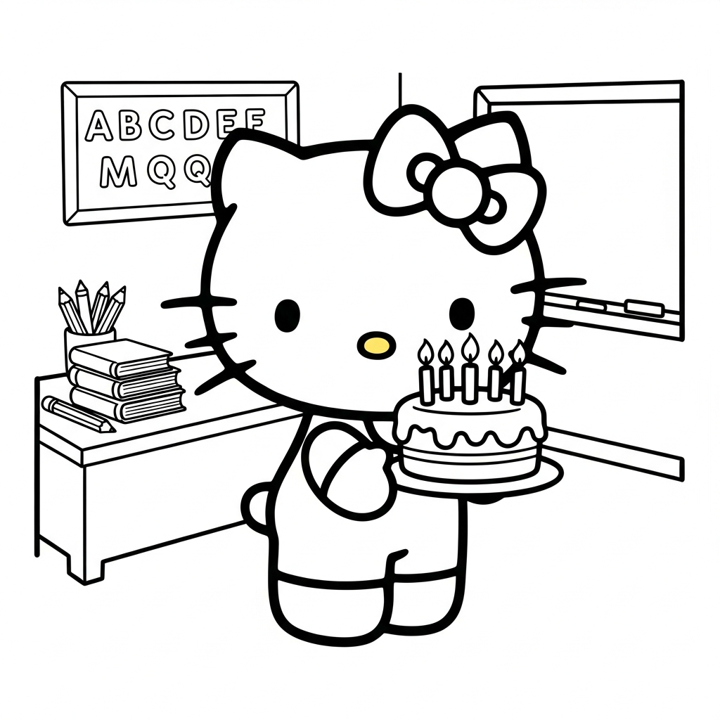 Desenho de Hello Kitty para colorir segurando bolo com velas na sala de aula.